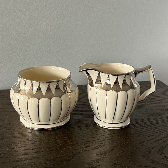 Sadler England creamer & sugar bowl in ivory & silver, Vintage. - Picture 1 of 11